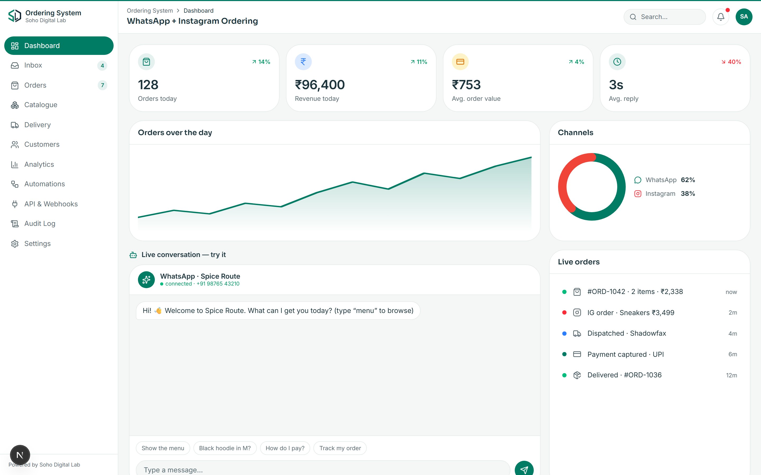 WhatsApp + Instagram Ordering dashboard
